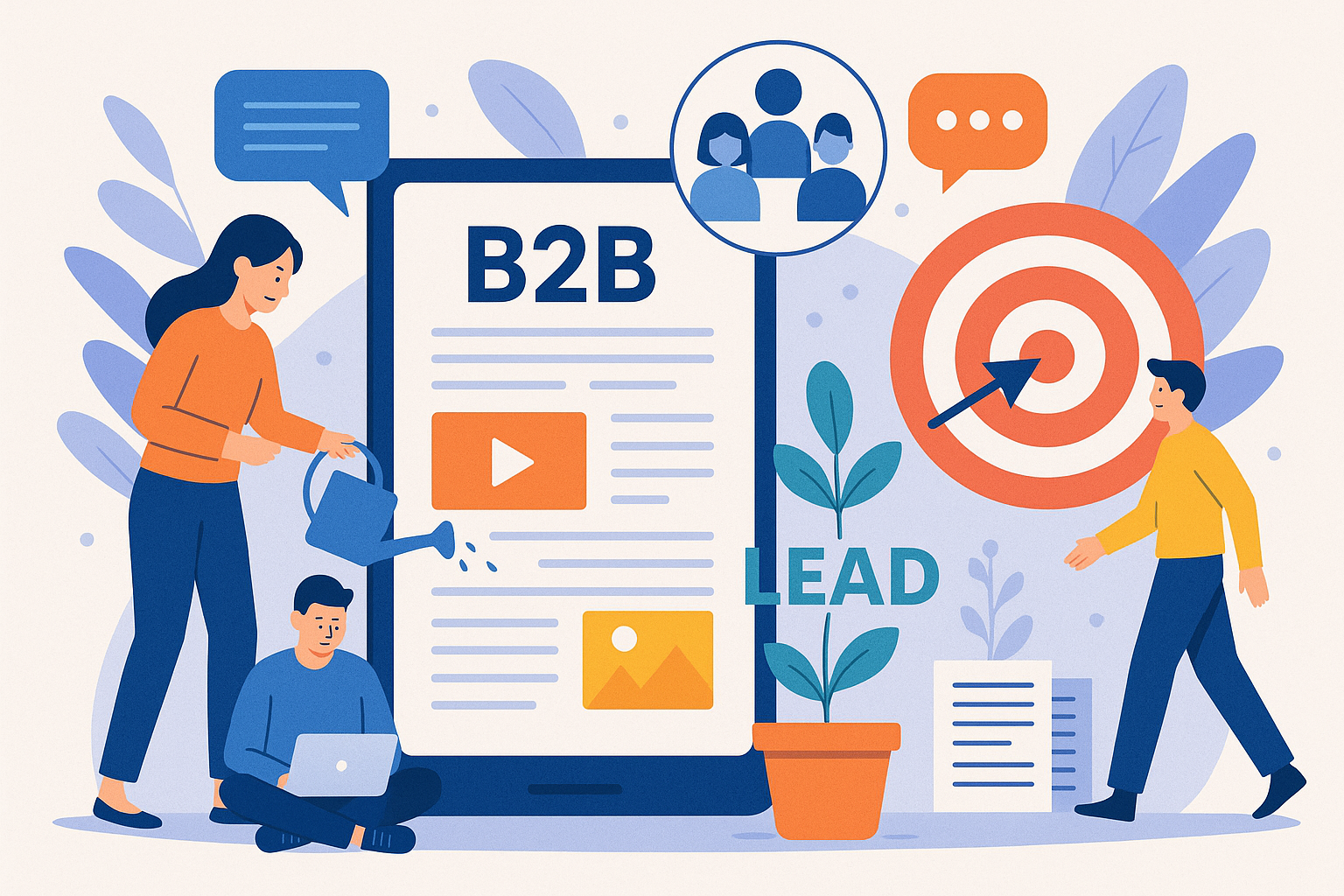 Professional illustration representing Creating Engaging B2B Content for Improved Lead Nurturing featuring elements relate...