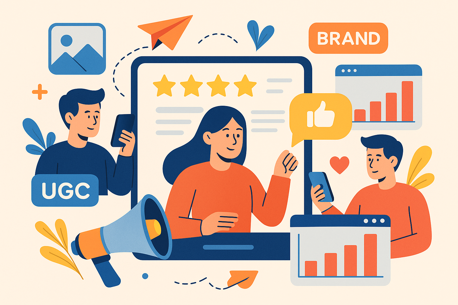 Professional illustration representing Creating Engaging B2B Marketing Campaigns with User-Generated Content featuring ele...