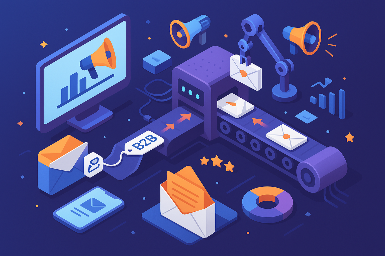 Professional illustration representing Best Practices for B2B Email Marketing Automation featuring elements related to ema...