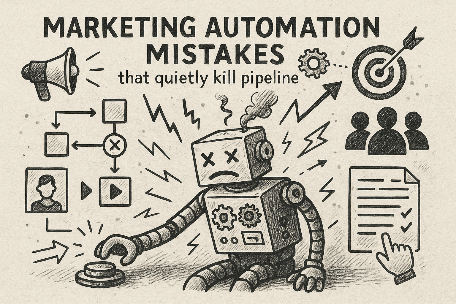 Professional illustration representing Marketing automation mistakes that quietly kill pipeline featuring elements related...