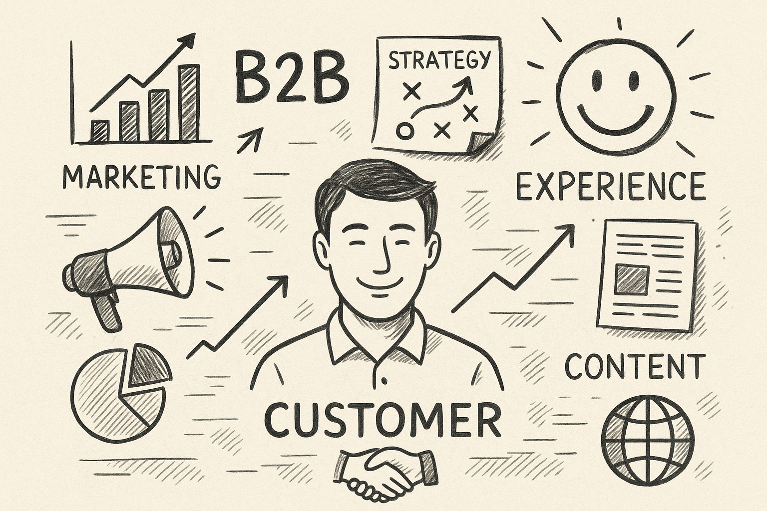 Professional illustration representing How to Create a B2B Marketing Strategy Focused on Customer Experience featuring ele...