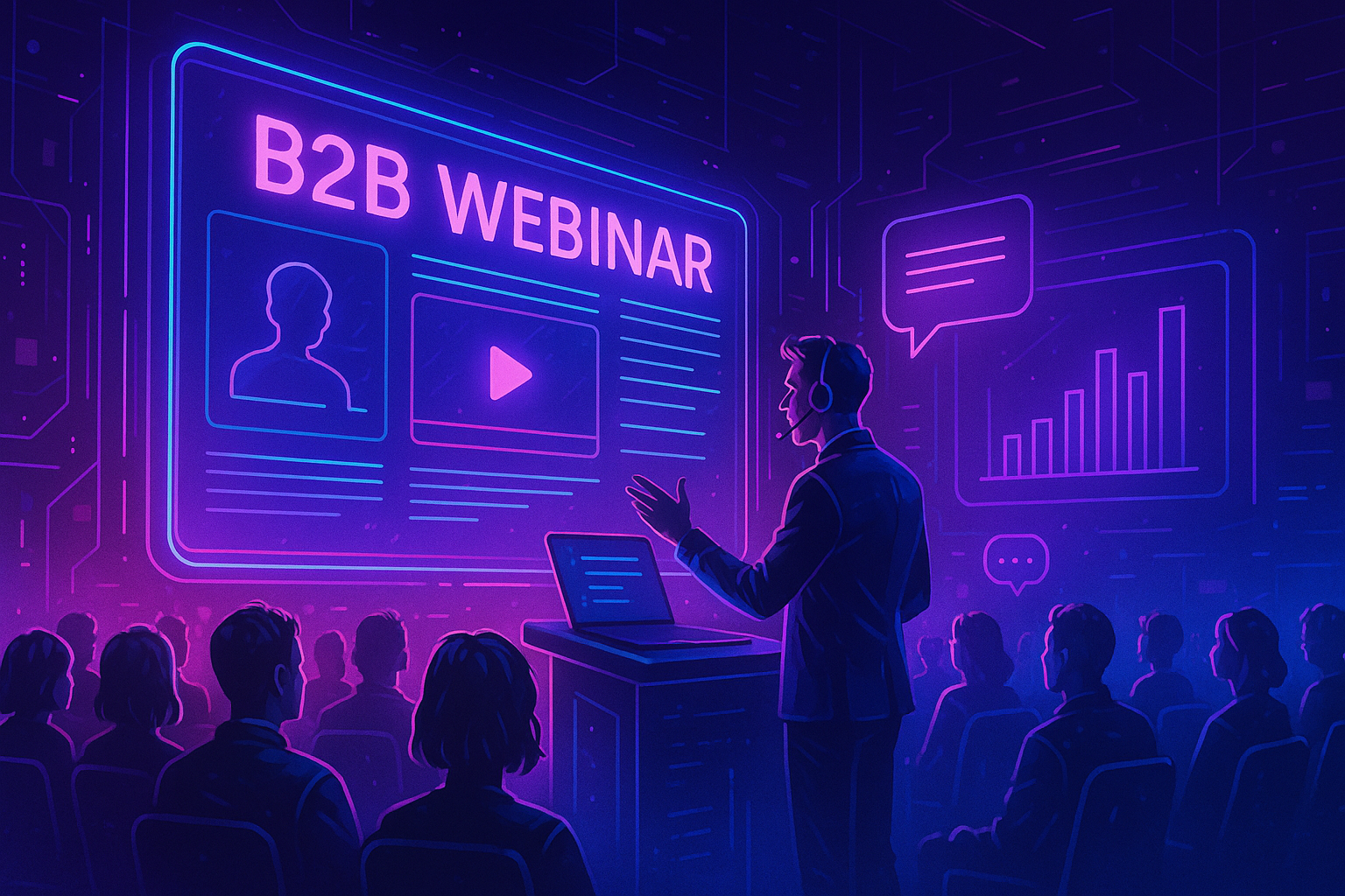 Professional illustration representing Strategies for Effective B2B Webinar Marketing featuring elements related to webina...