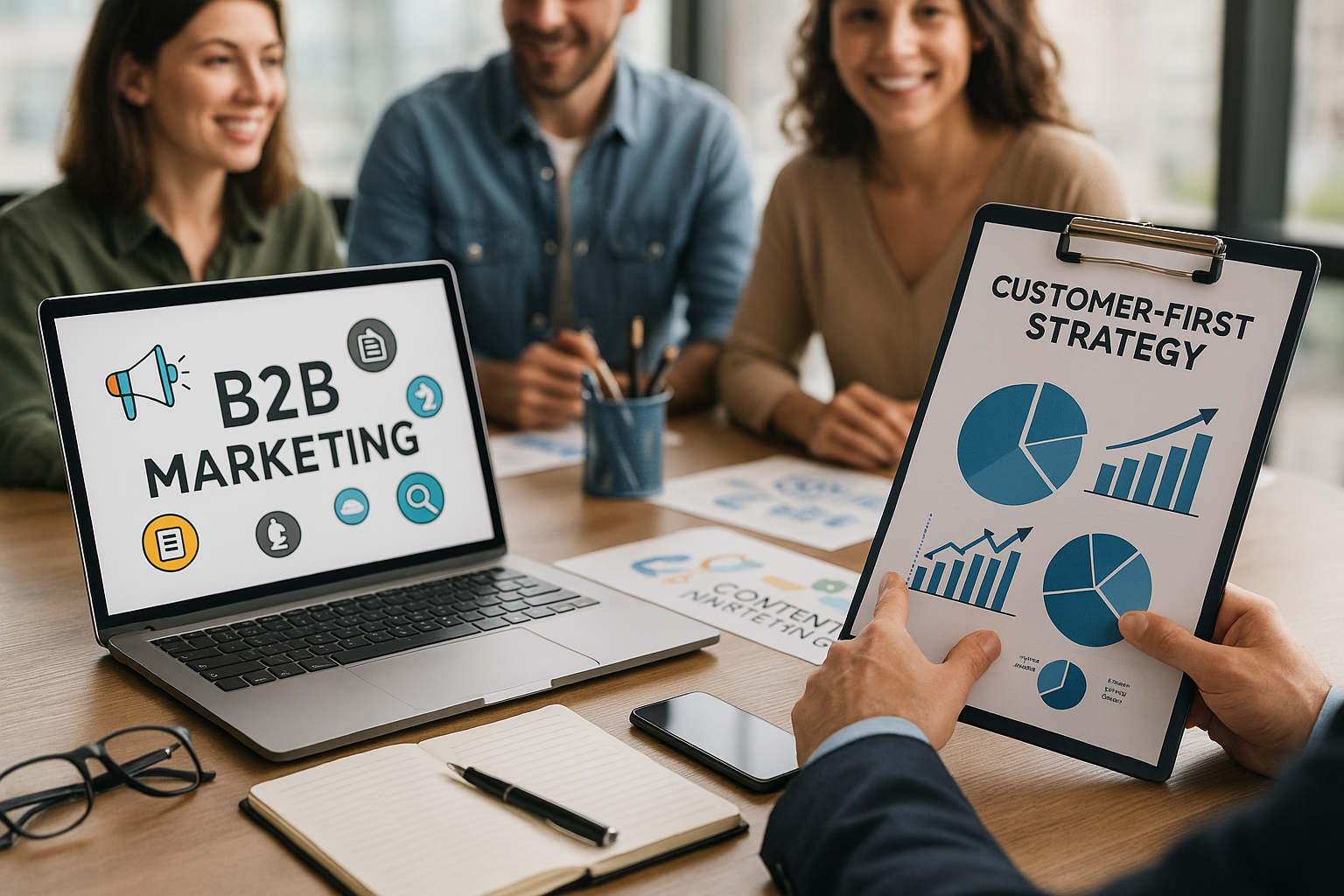 Professional illustration representing How to Create a B2B Marketing Strategy for Customer-Centric Growth featuring elemen...