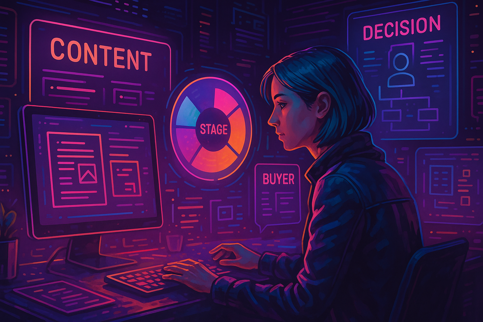 Professional illustration representing Creating Engaging B2B Content for Different Buyer Stages featuring elements related...