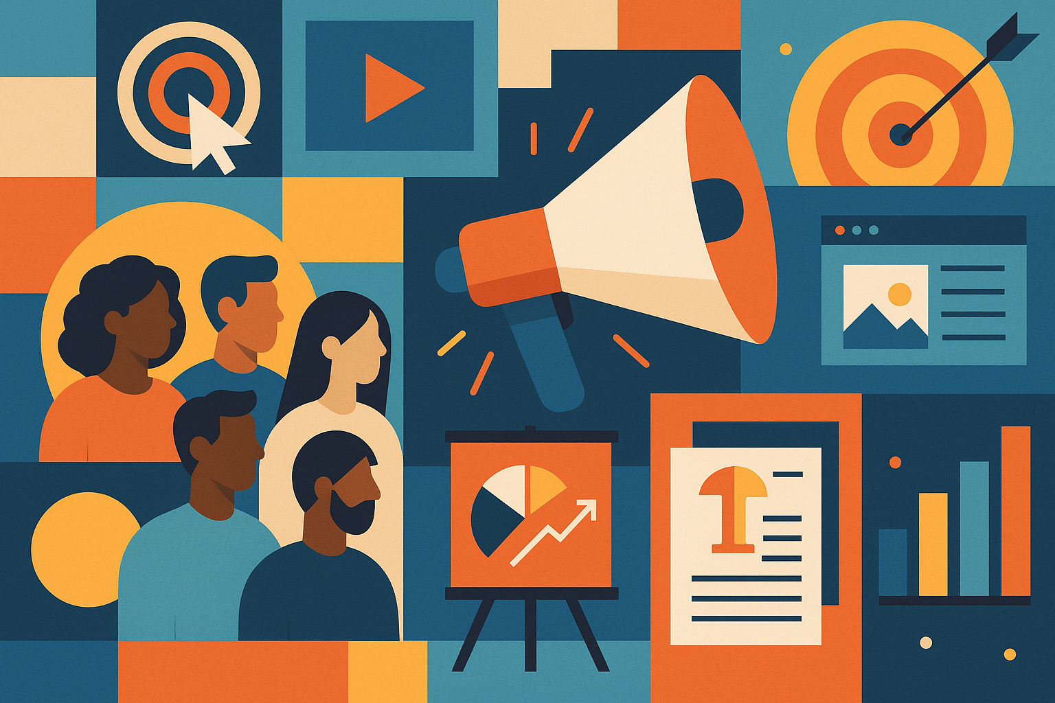 Professional illustration representing How to Design B2B Marketing Campaigns That Engage Diverse Audiences featuring eleme...