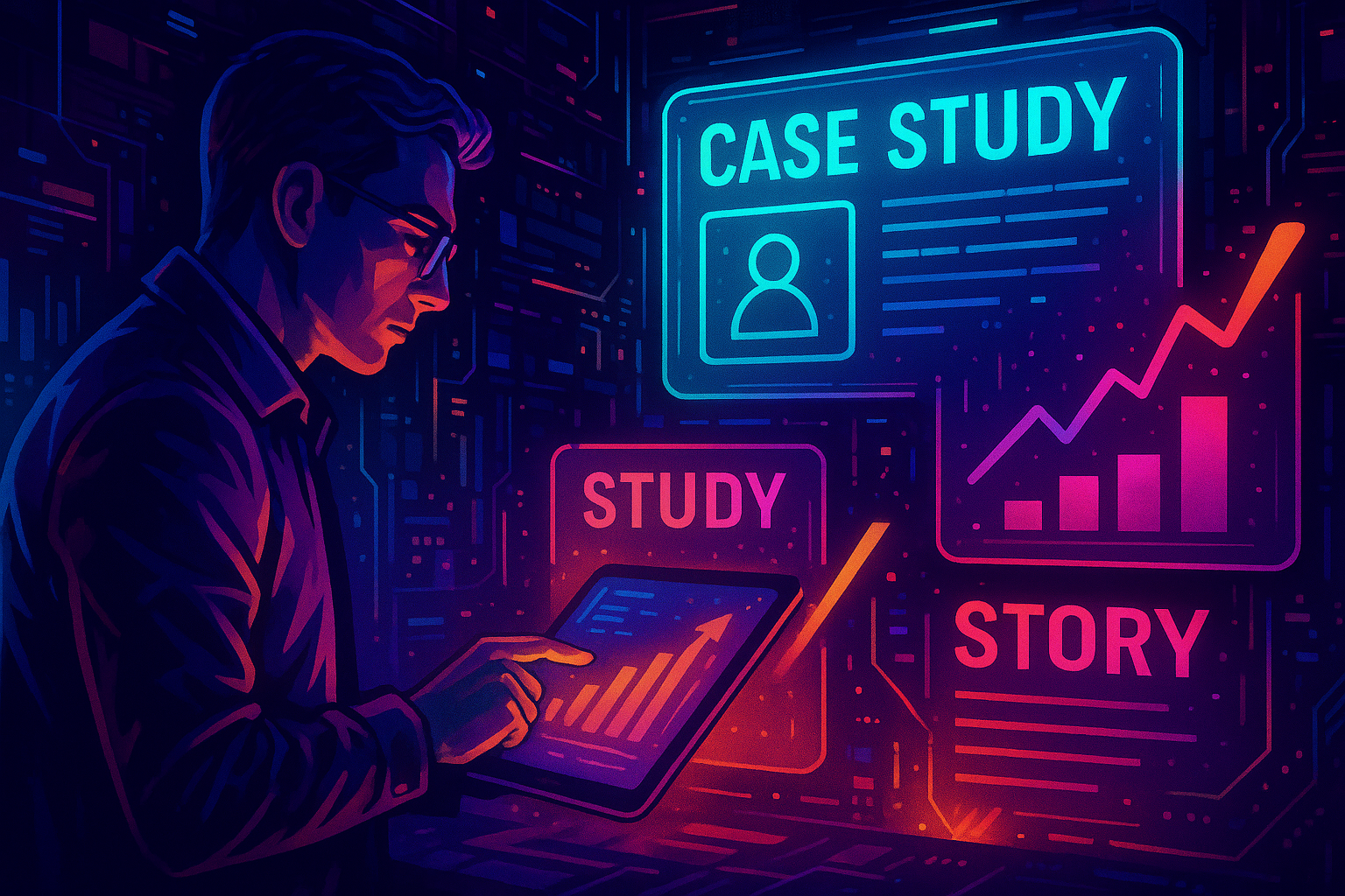 Professional illustration representing Creating High-Impact Case Studies for B2B Marketing featuring elements related to c...