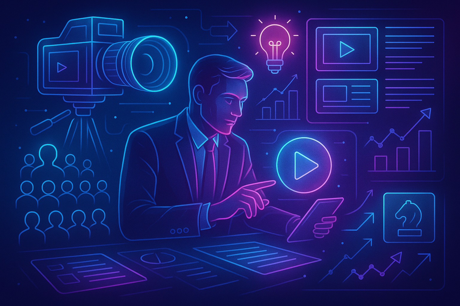 Professional illustration representing Best Practices for Creating Engaging B2B Video Content featuring elements related t...