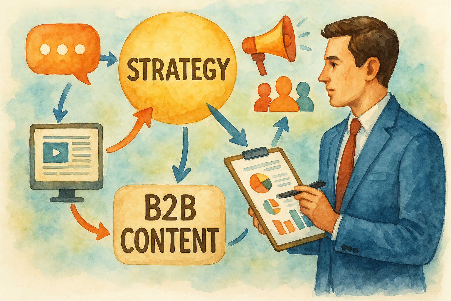 Professional illustration representing Implementing a B2B Content Strategy for Multi-Channel Engagement featuring elements...