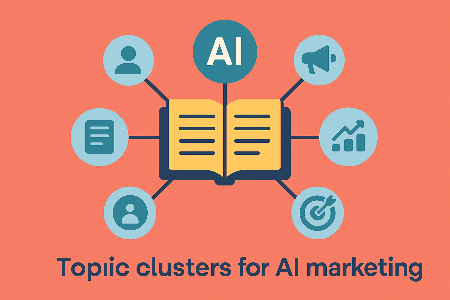 Professional illustration representing SEO topic clusters for AI marketing websites featuring elements related to topic, c...