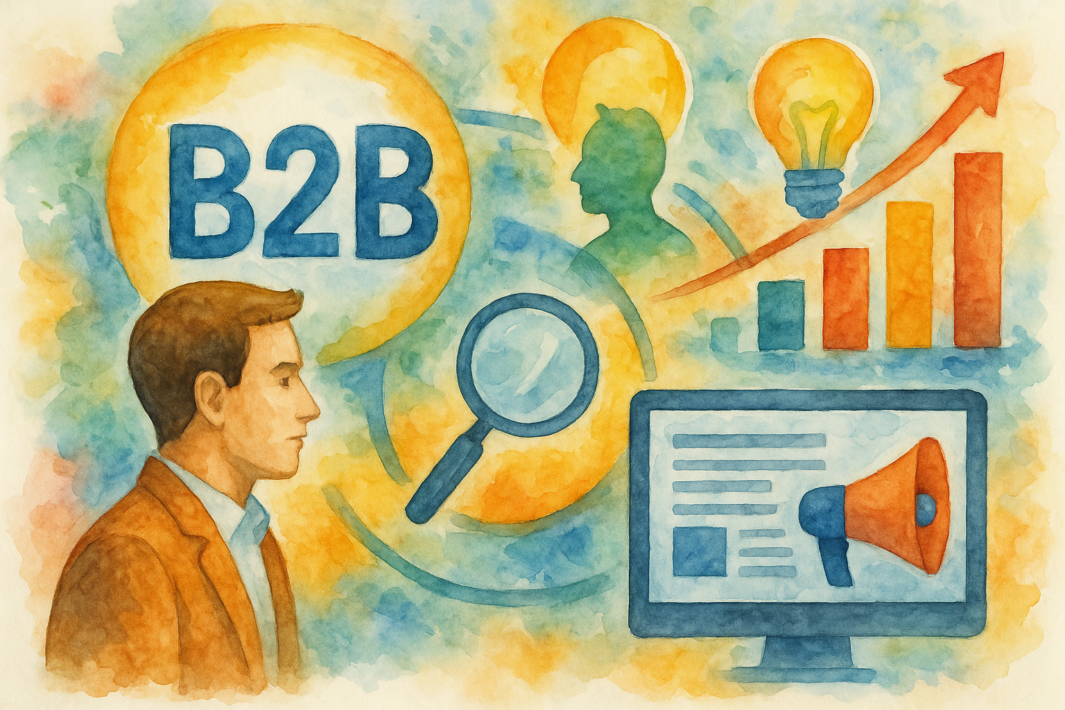 Professional illustration representing Implementing a B2B Marketing Strategy Focused on Customer Insights featuring elemen...