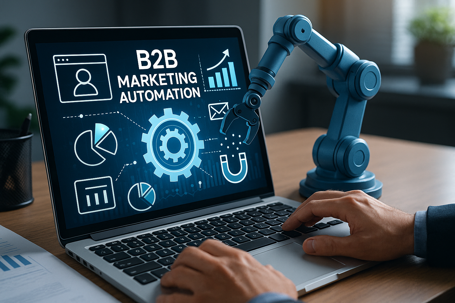 Professional illustration representing Optimizing Your B2B Marketing Automation for Better Conversion Rates featuring elem...
