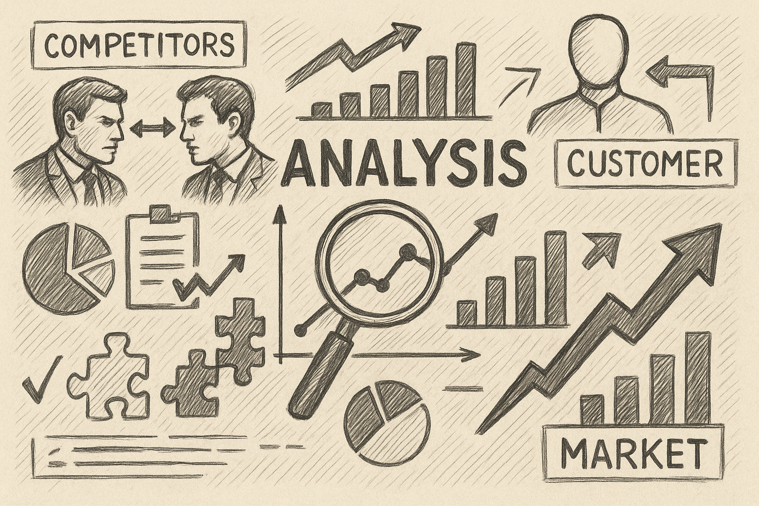 Professional illustration representing How to Conduct an Effective Competitive Analysis for B2B Marketing featuring elemen...