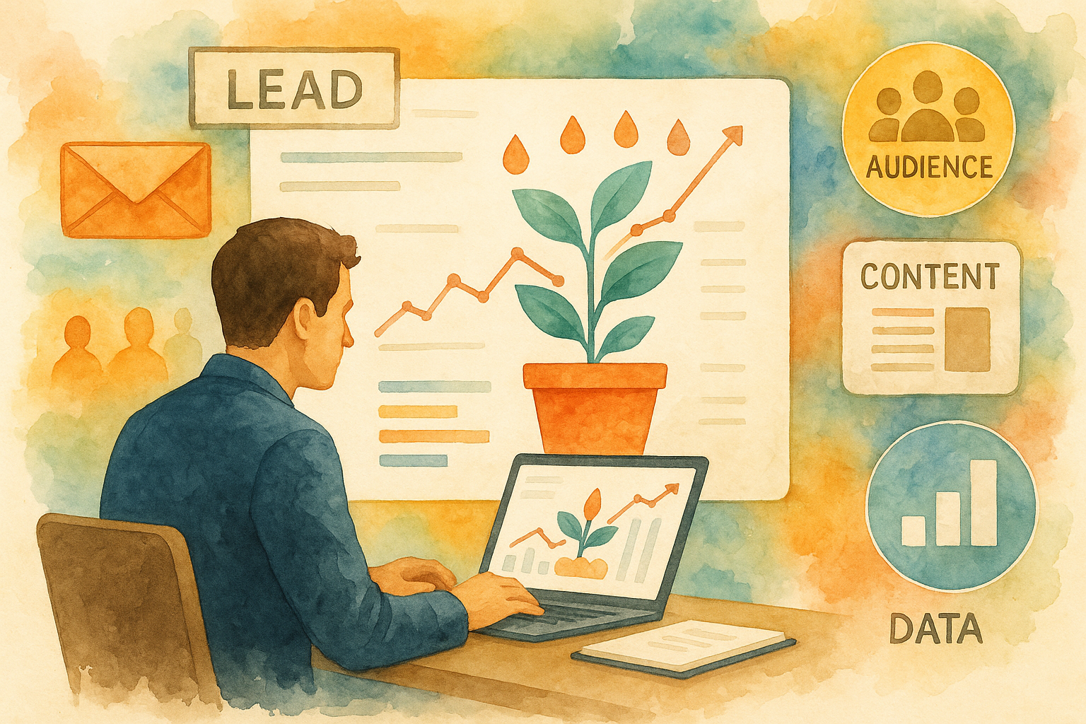 Professional illustration representing Implementing Effective Lead Nurturing Strategies in B2B featuring elements related ...
