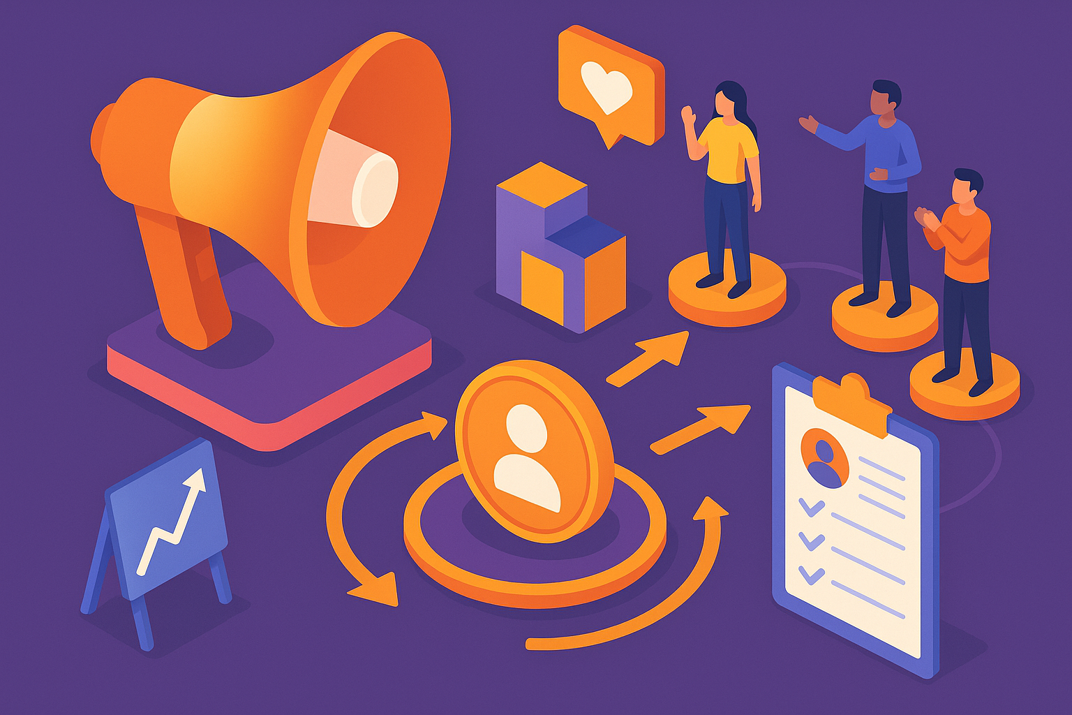 Professional illustration representing How to Create a B2B Marketing Strategy Focused on Customer Advocacy featuring eleme...