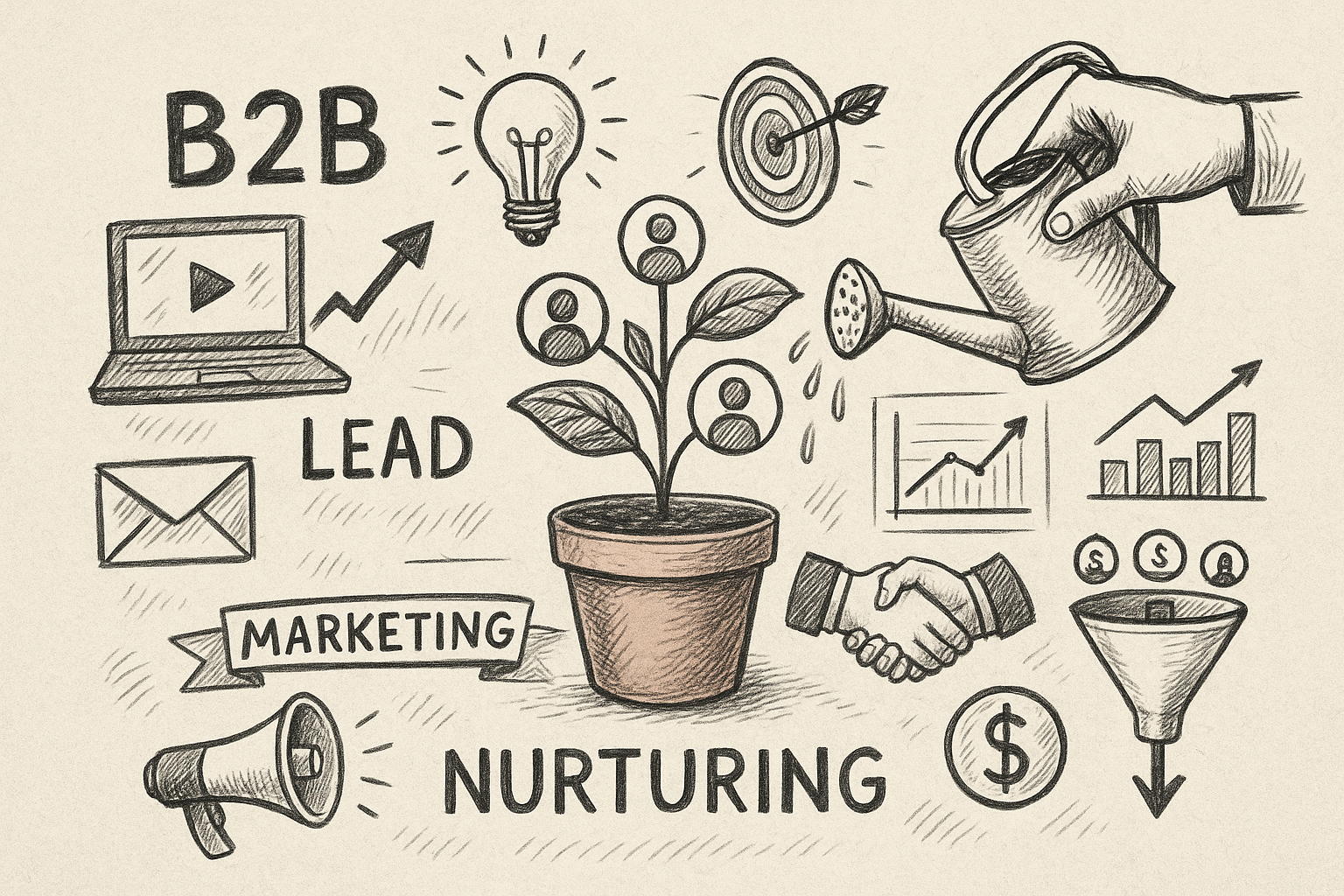 Professional illustration representing Implementing Effective Lead Nurturing Strategies in B2B Marketing featuring element...