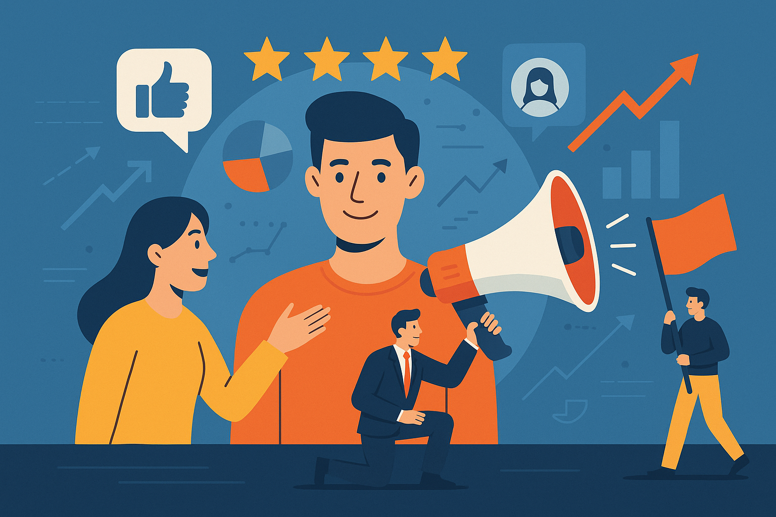Professional illustration representing Building a B2B Marketing Strategy Around Customer Advocacy featuring elements relat...