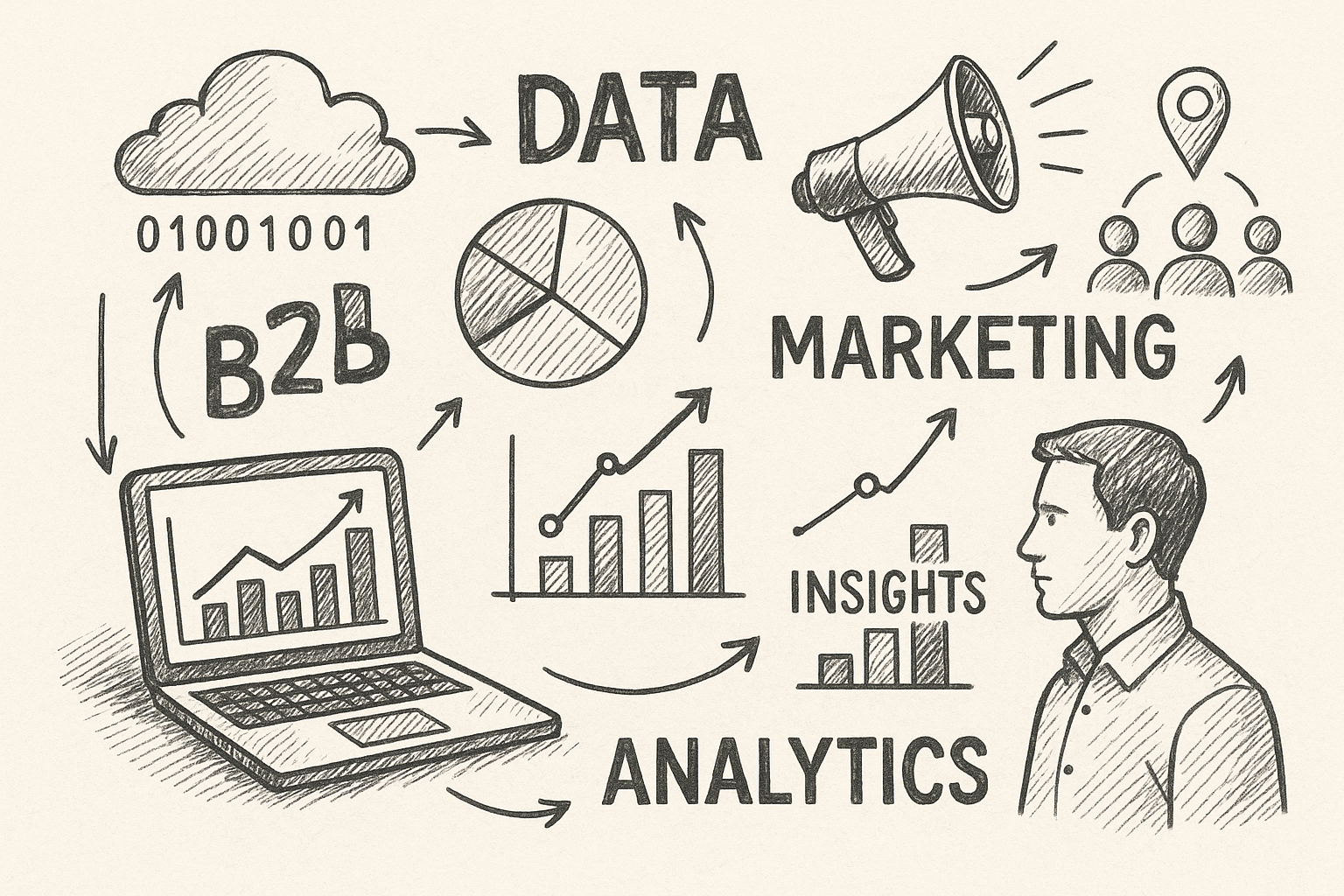 Professional illustration representing Leveraging Data Analytics for B2B Marketing Insights featuring elements related to ...