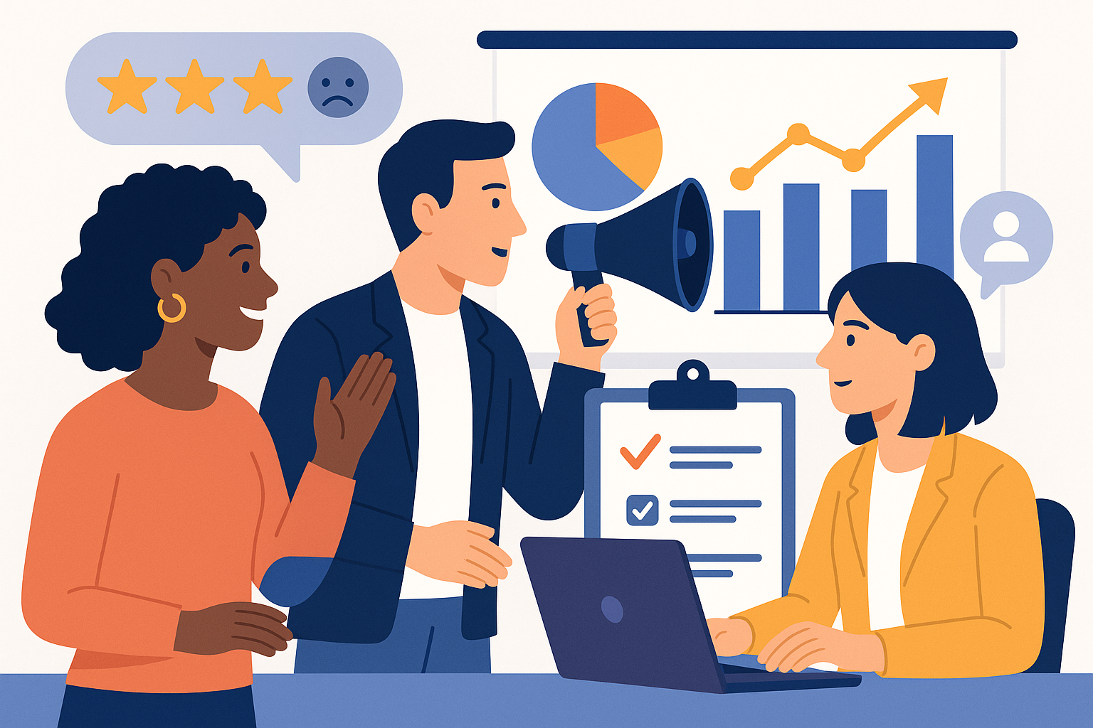 Professional illustration representing Creating an Effective B2B Marketing Strategy for Customer Feedback featuring elemen...