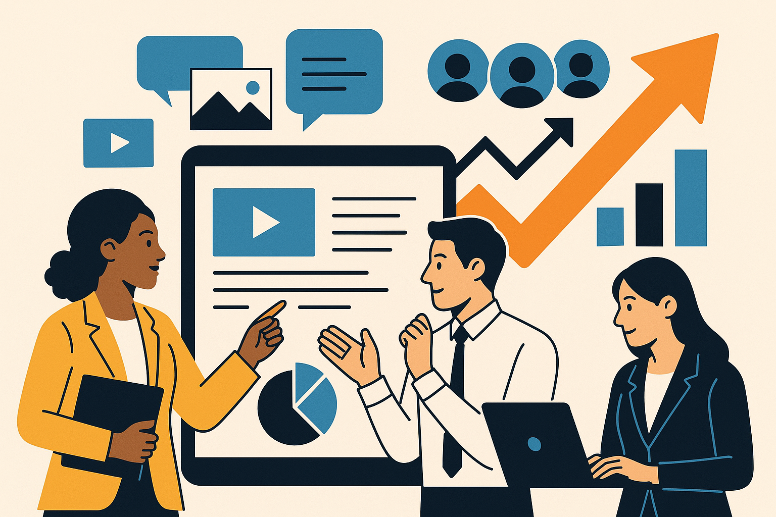 Professional illustration representing Best Practices for Creating Engaging B2B Content Across Channels featuring elements...