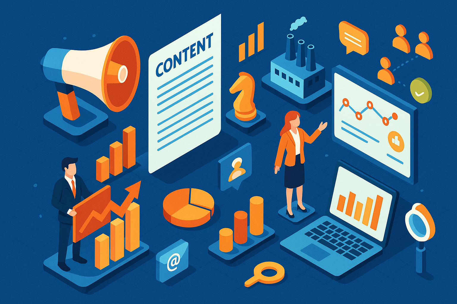 Professional illustration representing How to Create a B2B Content Marketing Strategy That Drives Engagement featuring ele...