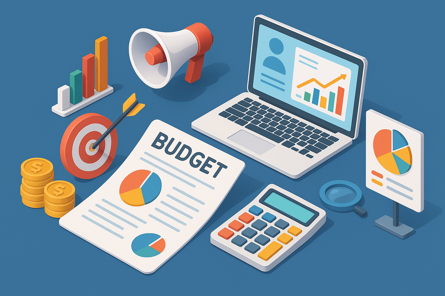 Professional illustration representing How to Create a B2B Marketing Budget That Aligns with Business Goals featuring elem...