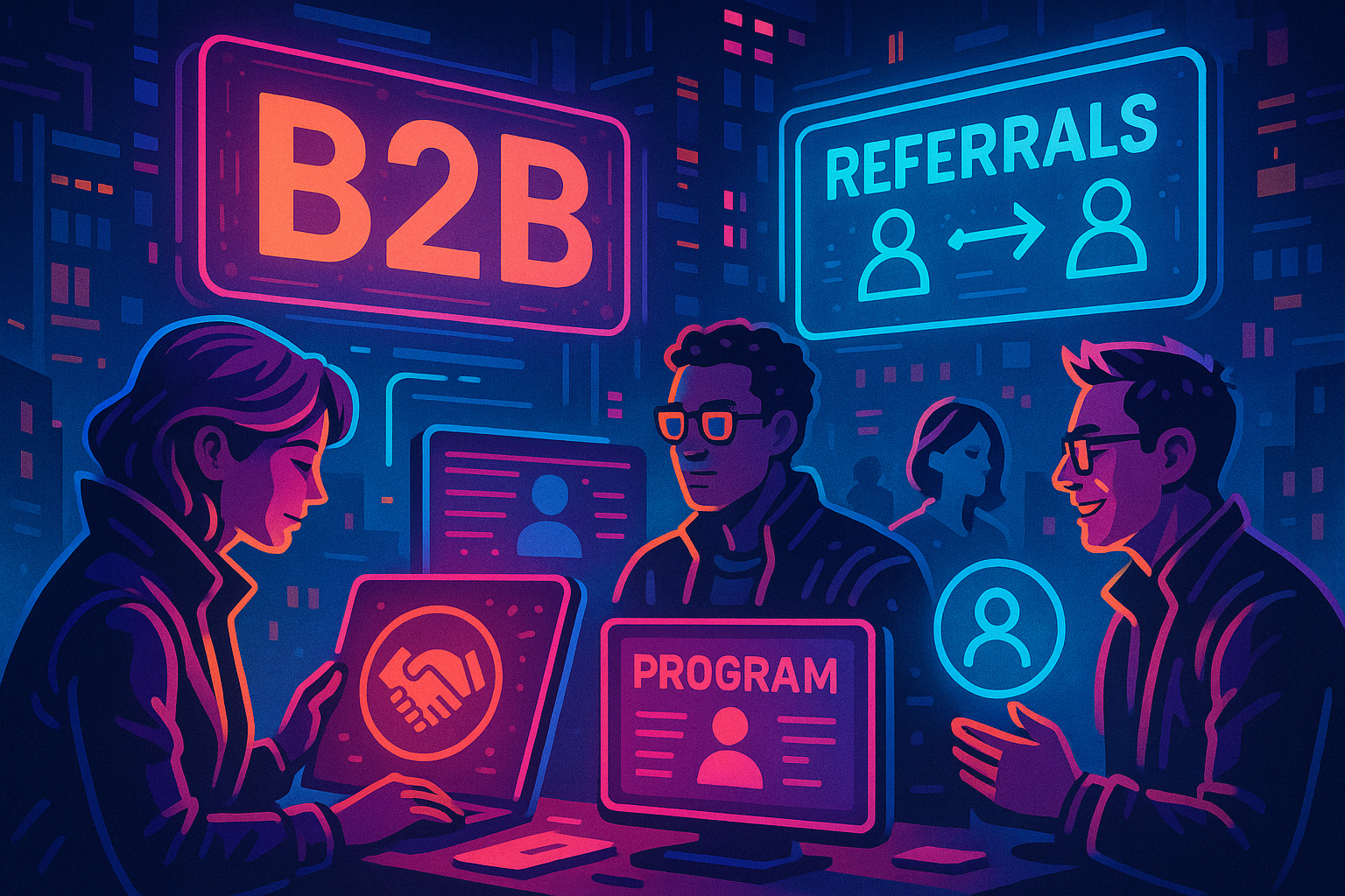Professional illustration representing How to Implement a B2B Referral Marketing Program for Sustained Growth featuring el...
