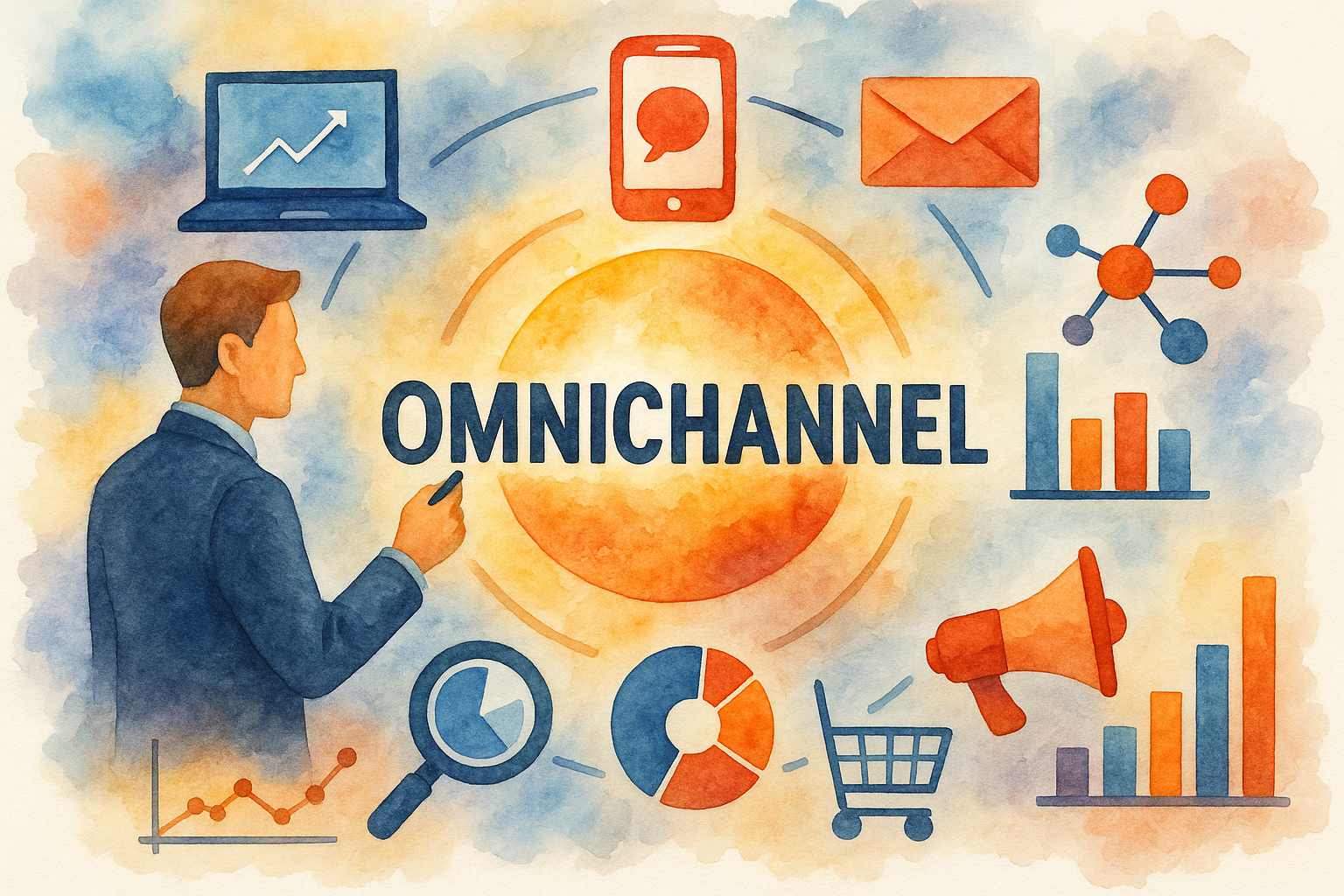 Professional illustration representing Implementing an Omnichannel Approach in B2B Marketing featuring elements related to...