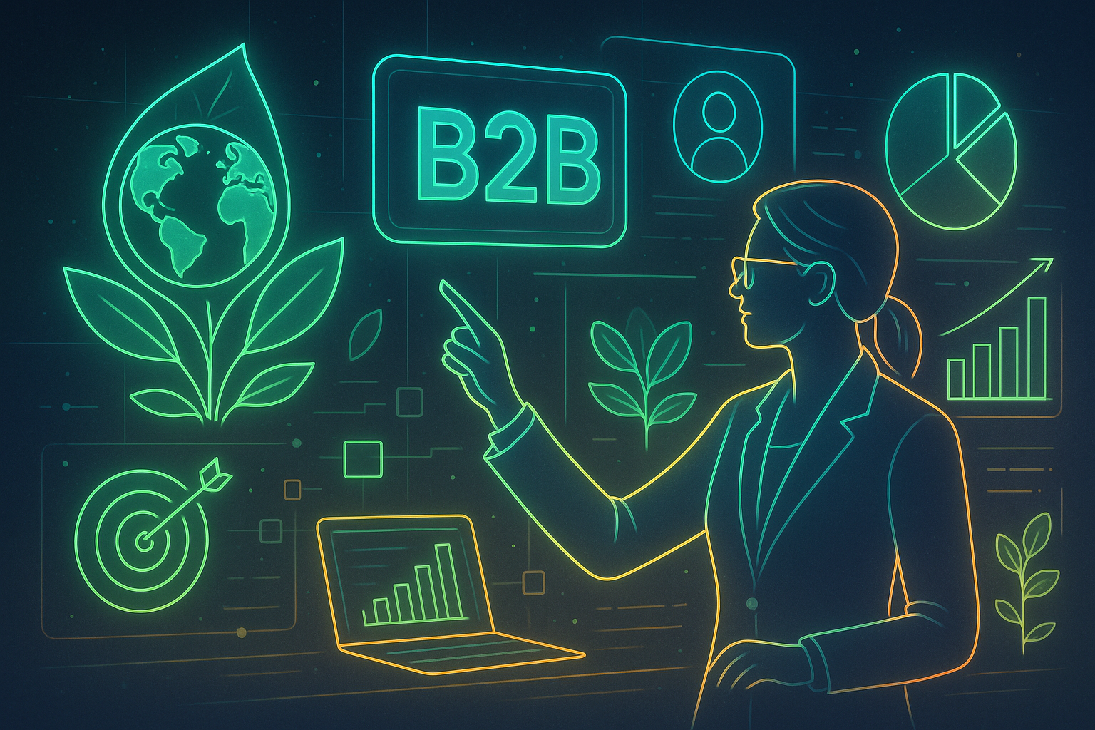 Professional illustration representing Developing a B2B Marketing Strategy Focused on Sustainability featuring elements re...
