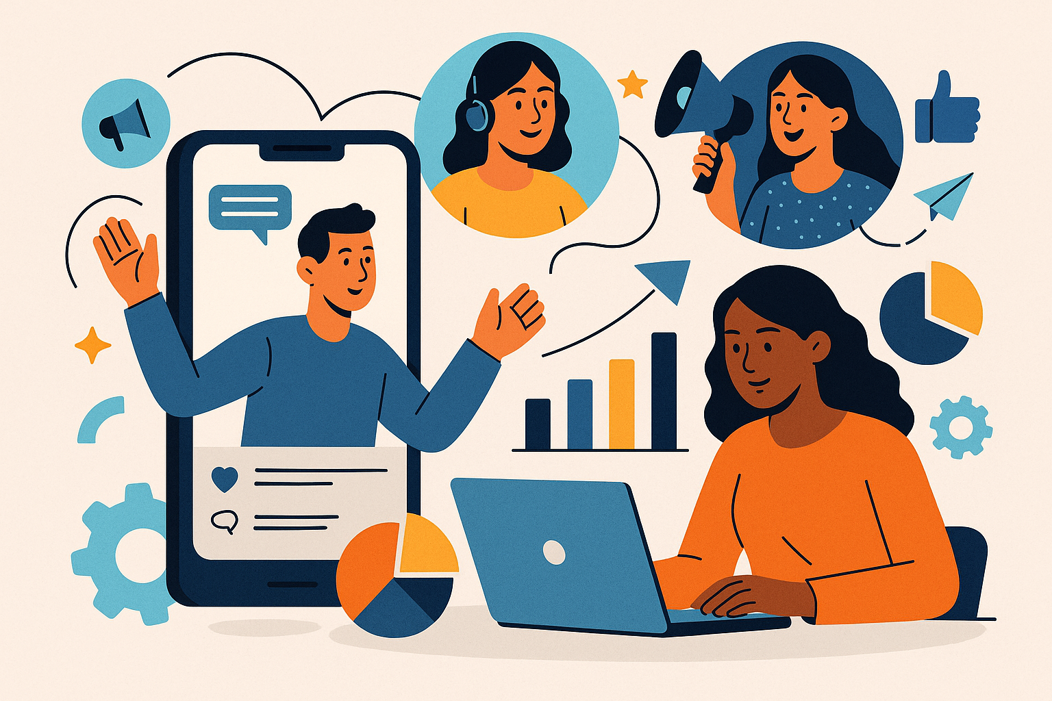 Professional illustration representing Creating a B2B Marketing Strategy Focused on Influencer Partnerships featuring elem...