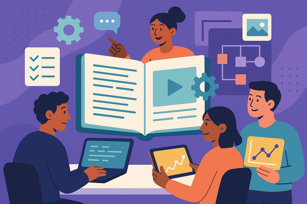 Professional illustration representing How to create content operations playbooks with AI featuring elements related to co...