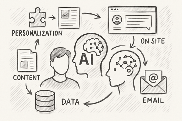 Professional illustration representing AI personalization tactics for email and onsite messaging featuring elements relate...