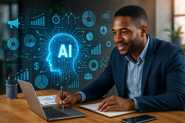 Professional illustration representing Unlock the Power of AI Tools to Maximize Your ROI Effortlessly featuring elements r...