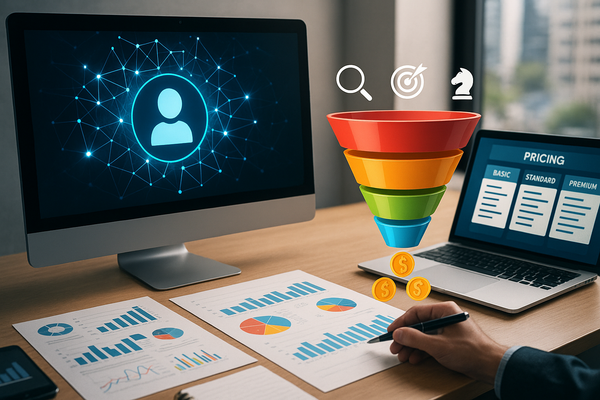 Professional illustration representing Unlock the Power of Machine Learning to Optimize Your Sales Funnel featuring elemen...