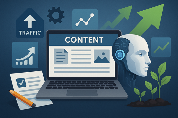 Professional illustration representing Unlock the Power: 5 Proven Methods to Boost Organic Traffic Using AI featuring elem...