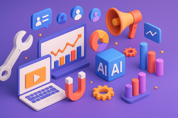 Professional illustration representing Essential AI Tools That Boost Your Campaign Results featuring elements related to t...