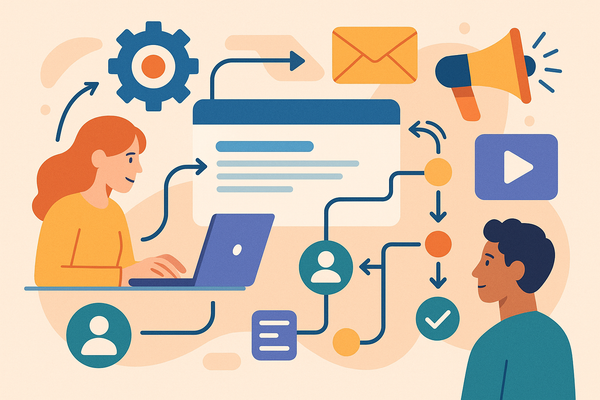Professional illustration representing Marketing automation workflows worth building first featuring elements related to w...