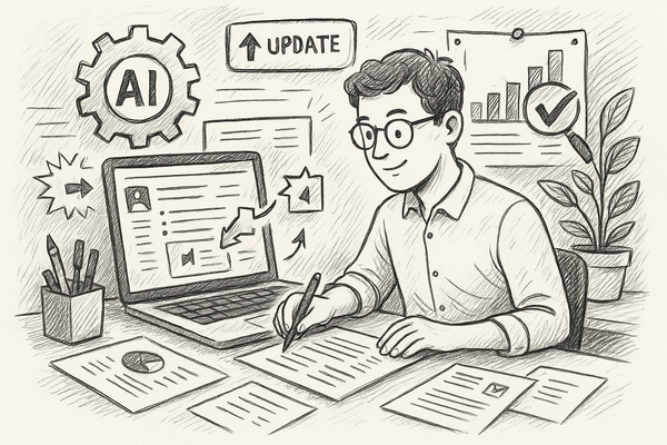 Professional illustration representing AI workflows for updating old posts with new evidence featuring elements related to...