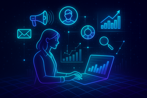 Professional illustration representing Ultimate Guide to Leveraging AI in Data-Driven Marketing Success featuring elements...