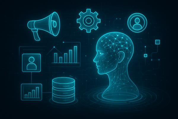 Professional illustration representing How to Build a Powerful AI-Enabled Marketing Automation System featuring elements r...