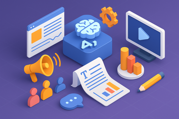Professional illustration representing How to use AI for demand generation content featuring elements related to content, ...