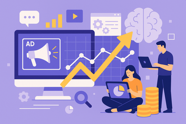 Professional illustration representing How to Boost Your Digital Advertising ROI Using AI featuring elements related to ad...