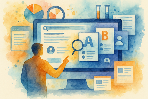 Professional illustration representing Paid search landing page testing frameworks that scale featuring elements related t...