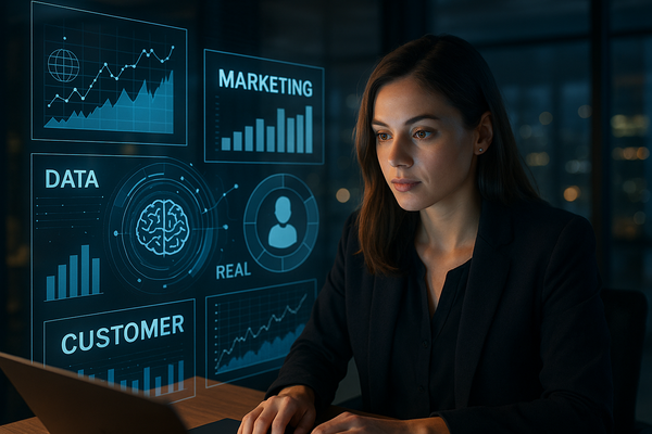 Professional illustration representing Unlock Advanced Techniques for Real-Time AI Marketing Data Analysis featuring eleme...