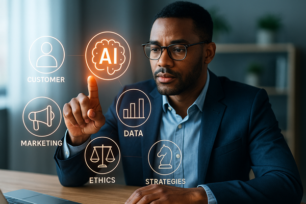 Professional illustration representing Unlock High ROI: Essential Strategies for Mastering AI Integration featuring elemen...