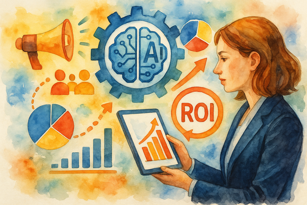 Professional illustration representing Unlock the Power: Essential Strategies for Boosting ROI with AI featuring elements ...