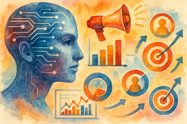 Professional illustration representing Unlock the Power of AI to Optimize Your Marketing Campaigns featuring elements rela...