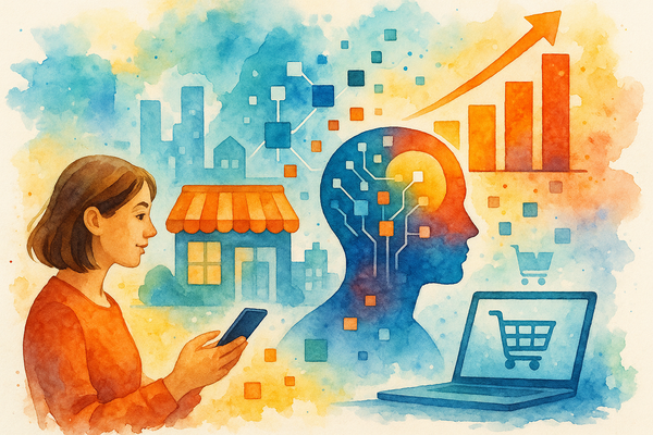Professional illustration representing Unlocking Consistent E-Commerce Growth Using AI Technology featuring elements relat...