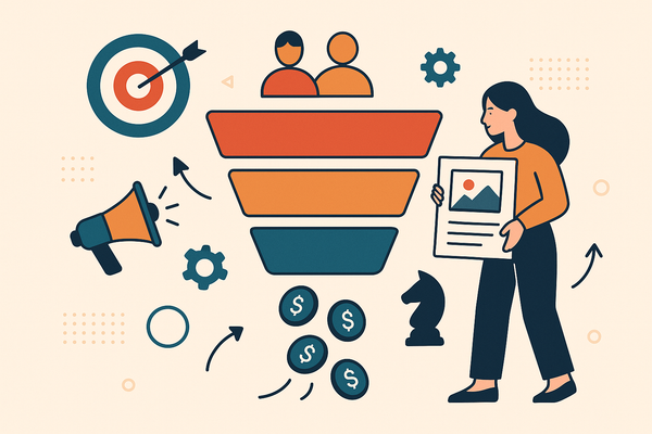Professional illustration representing Optimizing Your B2B Marketing Funnel for Maximum Conversion featuring elements rela...