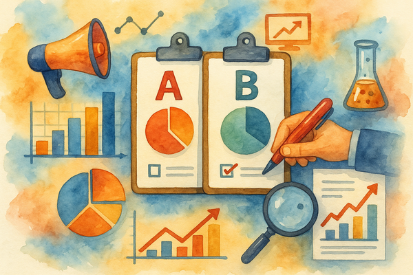 Professional illustration representing Implementing Effective A/B Testing in B2B Marketing Campaigns featuring elements re...