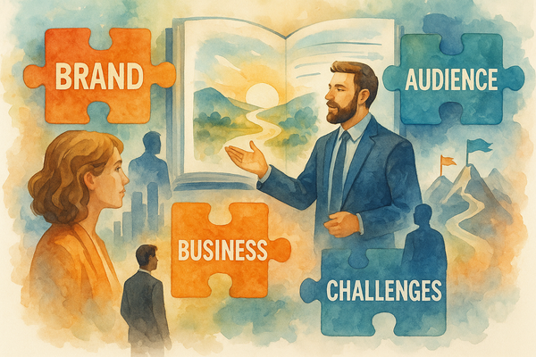 Professional illustration representing How to Create a B2B Brand Story That Resonates featuring elements related to brand,...